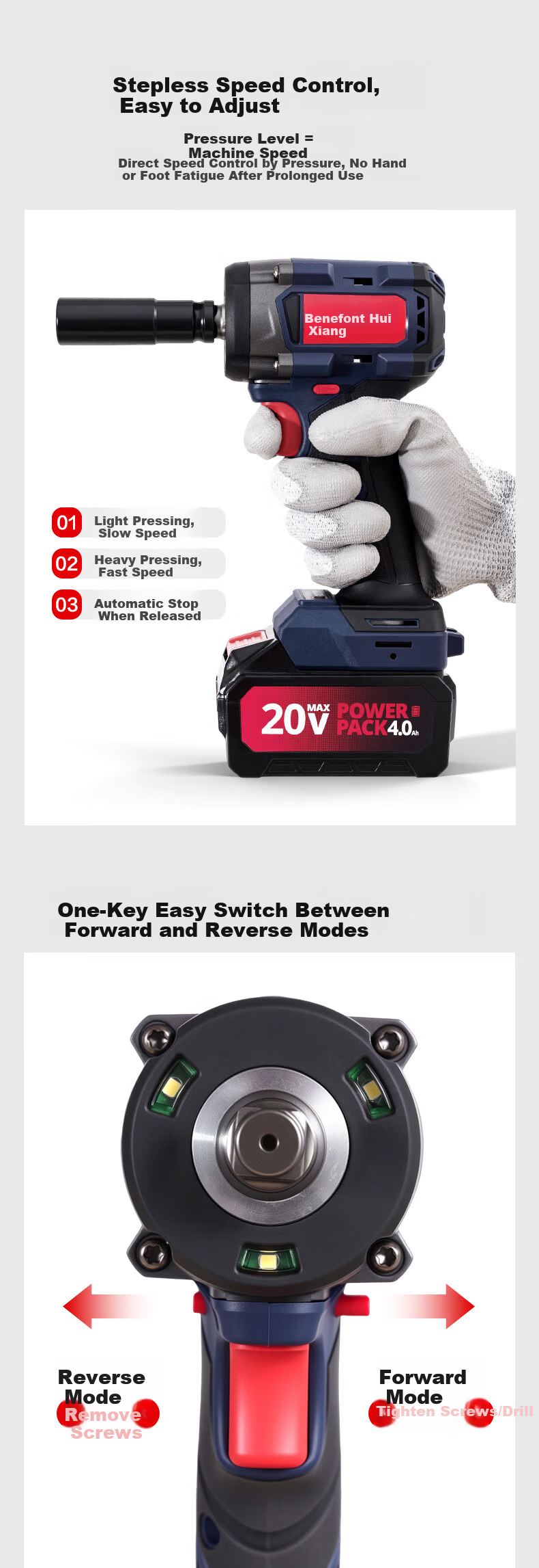 Huixiang 20V Lithium Brushless High Torque 450NM Impact Wrench Dual Battery 4.0Ah Scaffold Socket Air Gun Auto Repair 4