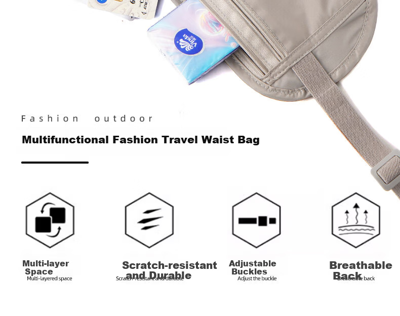 Liomirror Anti-Theft Waist Bag Slim Hidden Travel Sports Unisex Double Strap Gray 1