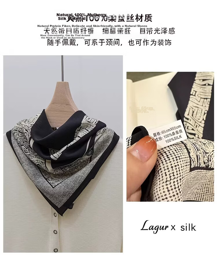 Lagur French Vintage Classic High-End Black and White 100% Mulberry Silk Square Scarf Versatile Neck Scarf for Women 8