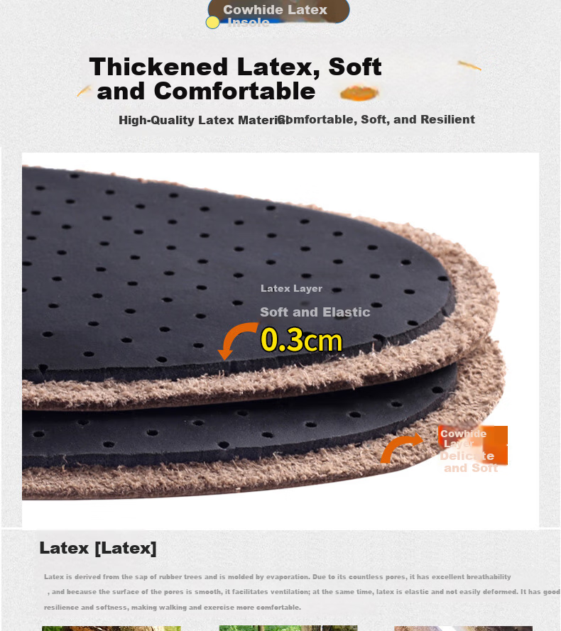 Huabaochi 2 Pairs Leather Insoles Men Breathable Sweat-Absorbing Odor-Resistant Genuine Cowhide Soft Latex Thin Summer Women's Shoe Insoles 8