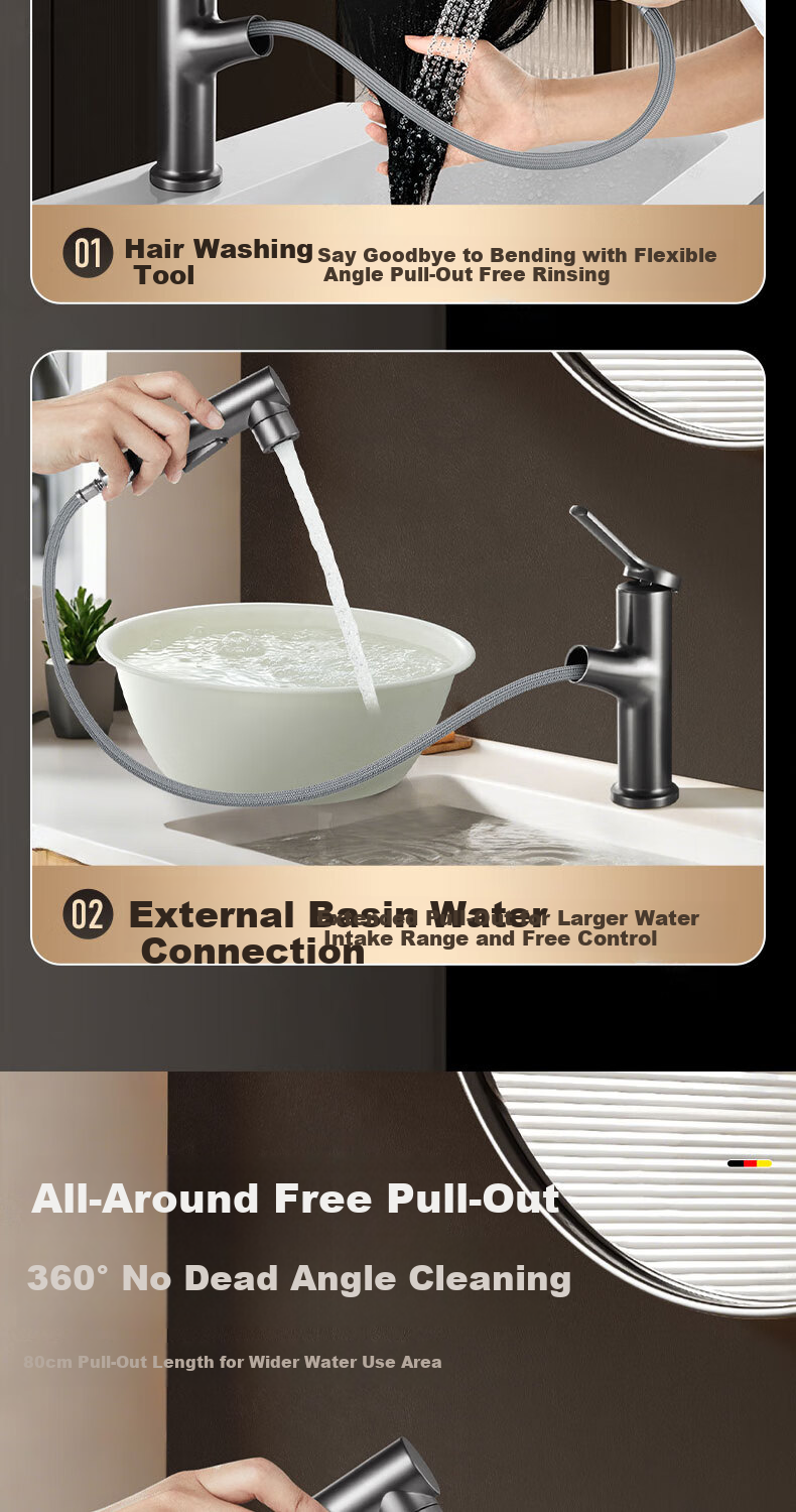 HOMK German Basin Faucet Pull-Out Hot and Cold Water Mixer for Bathroom Sink 7