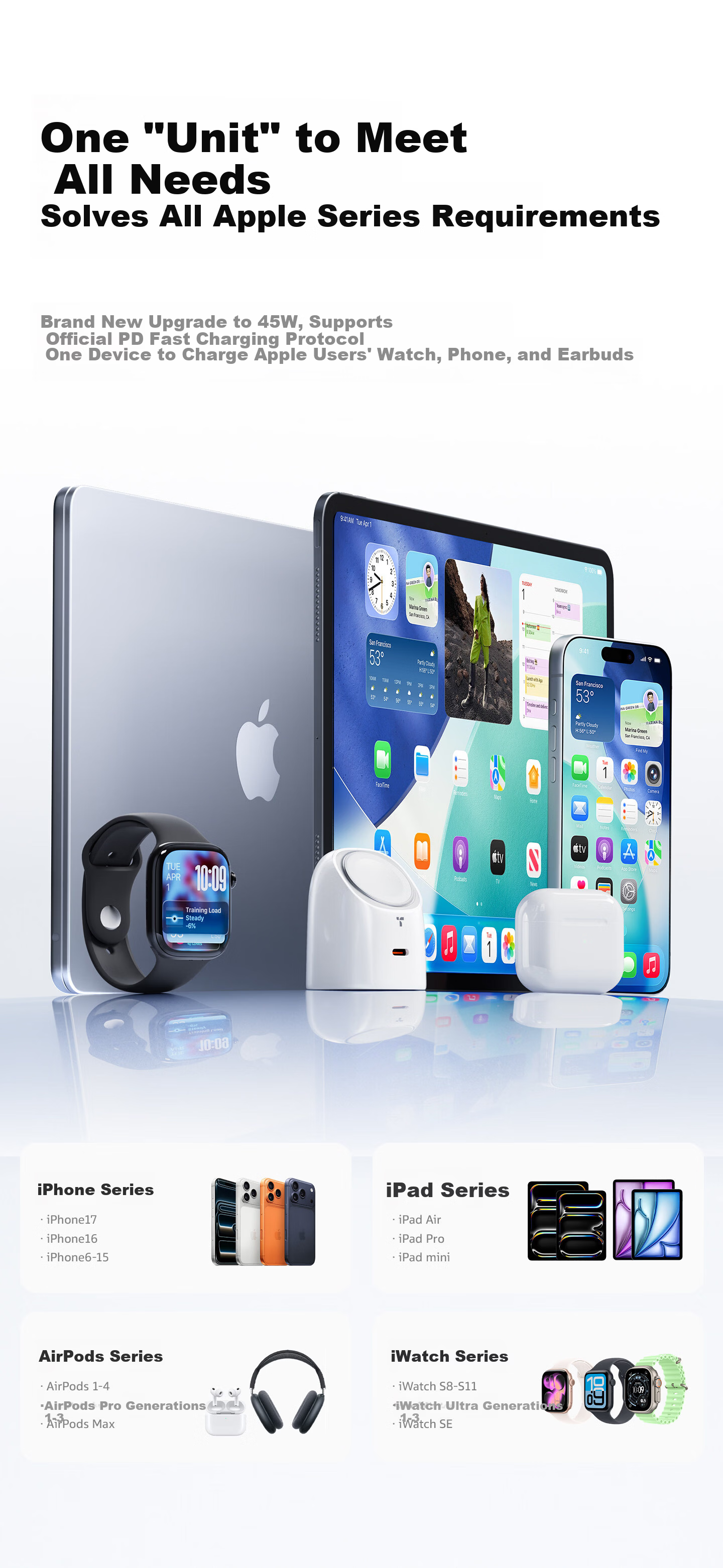 Torras Apple Watch Charger 2026 New Model 2-in-1 Magnetic Charging Dock 45W Wireless S11 Charger Compatible with iPhone Portable 9