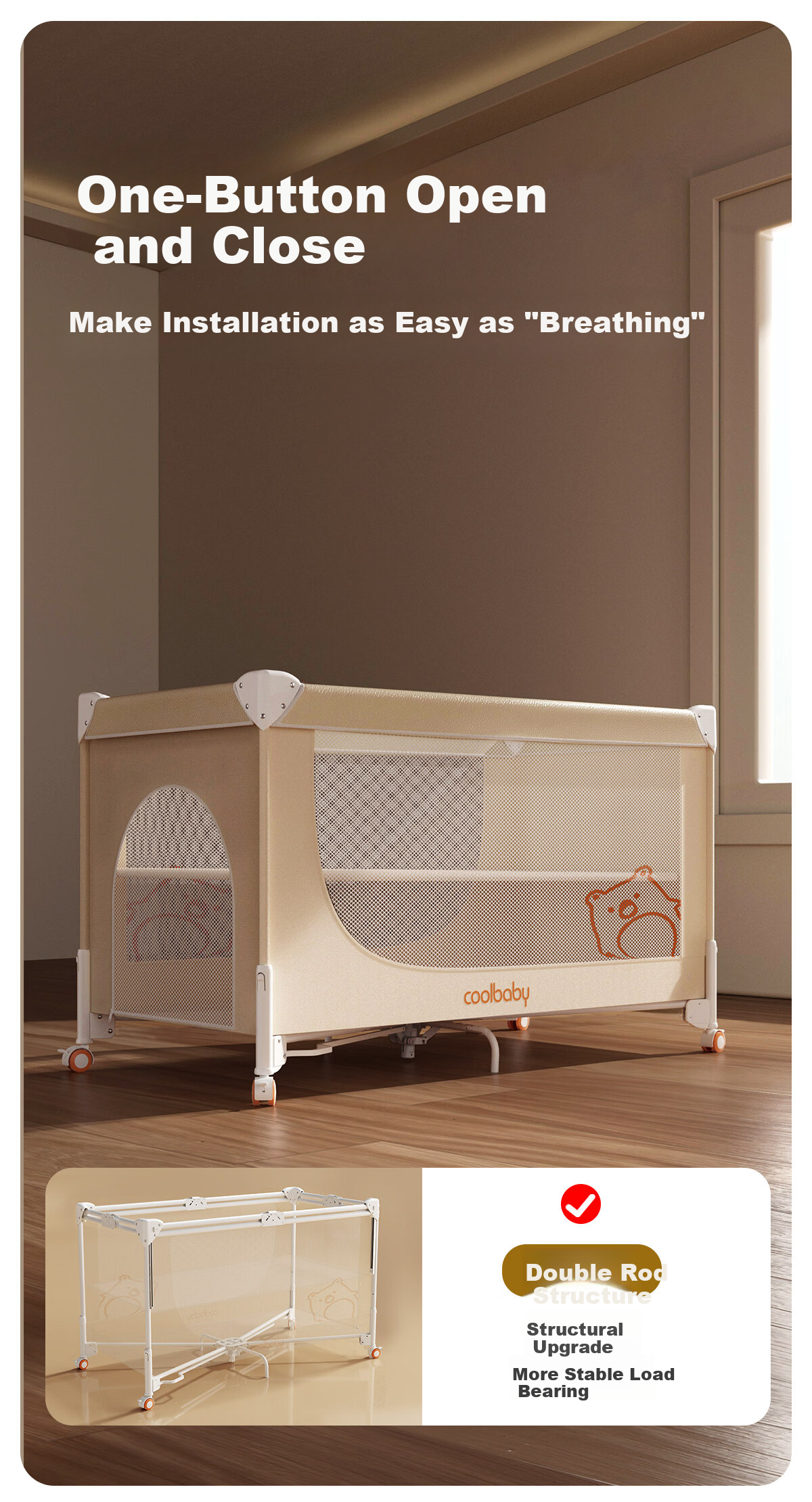 Coolbaby Baby Crib Adjustable Seamless Bed Rail Multifunctional Portable Baby Bed Rice [Flagship Model] 5