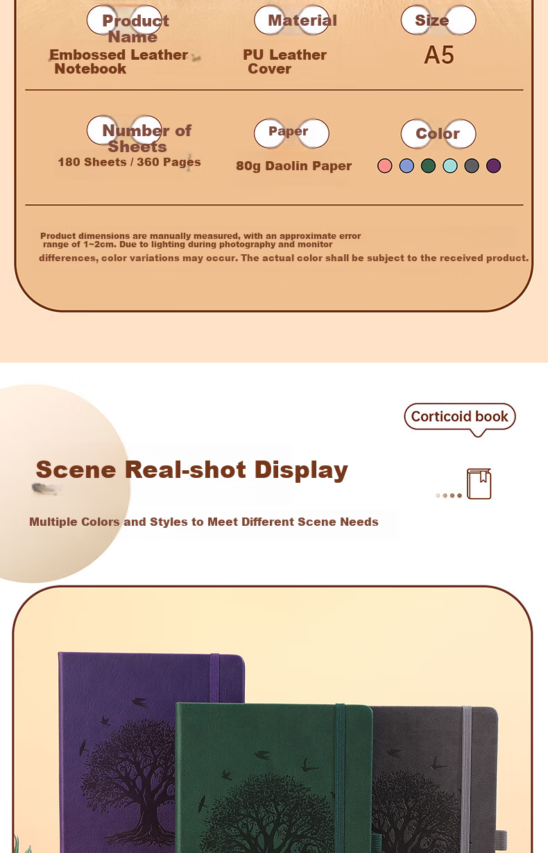 A5 Thickened 360-Page Faux Leather Strap Notebook Candy Color Business Student Simple Office Meeting Study Lined Journal Customizable 10