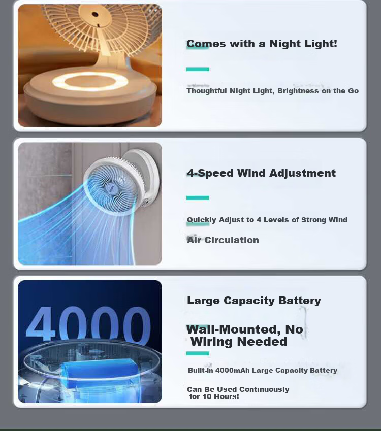 Edon Floating Wall-Mounted Air Circulation Fan Wireless Desktop Kitchen Small Fan Rechargeable Foldable Portable Office Electric Fan Bathroom Kitchen Wall-Mounted Fan E808KY 4