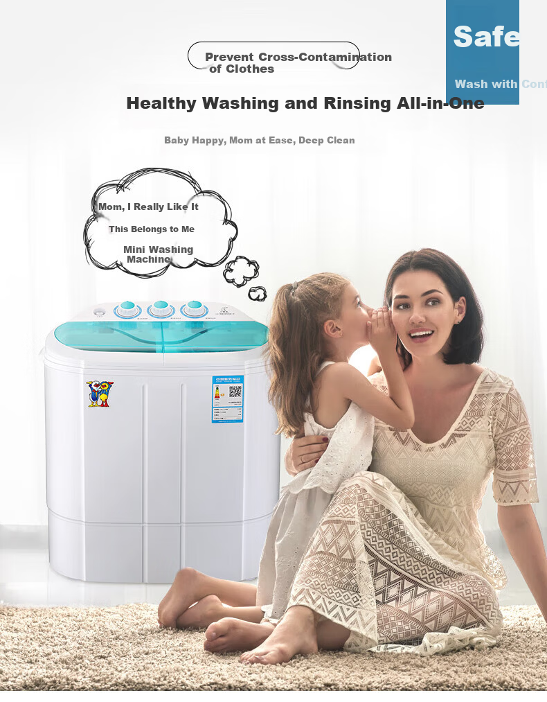 XIAOYA Trendy Lifestyle Appliances 2.5kg Twin Tub Mini Semi-Automatic Washing Machine for Baby and Children's Underwear Socks Small Items Separate Washing and Spinning Mini Model 4
