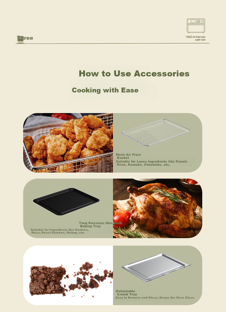 TONZE Multifunctional Electric Oven Home Air Fryer Combo Small 15L Air Fryer Oven Oil-Free Fat-Removing Tender Frying Hot Air Circulation RF3W 15
