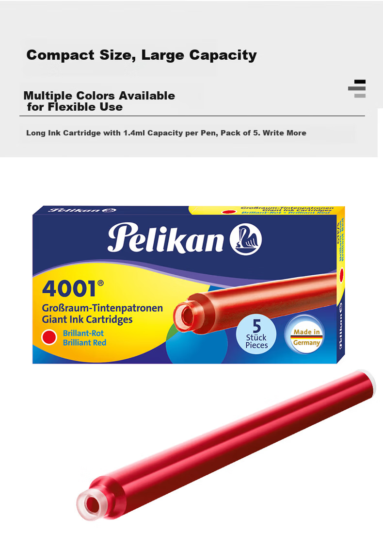 Pelikan 4001 Long Ink Cartridges Non-Carbon Ink Refill 5-Pack Student Pen Bright Red 8