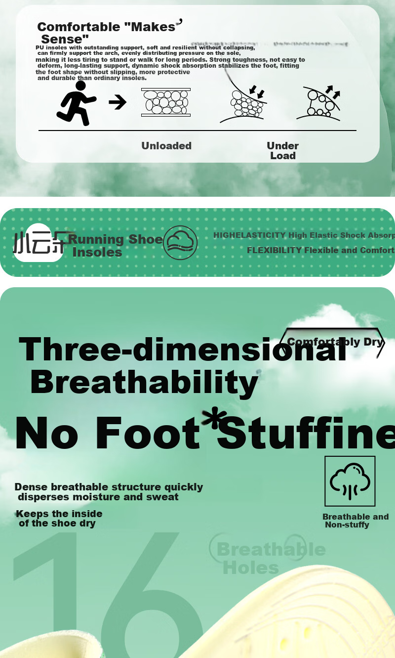 Vitality Rebound Small Cloud Insole Soft Elastic Sports Antibacterial Deodorant Shock Absorption Breathable Sweat-Absorbing Men's Long-Standing Fatigue Relief Military Training Women's Green 39-40 10