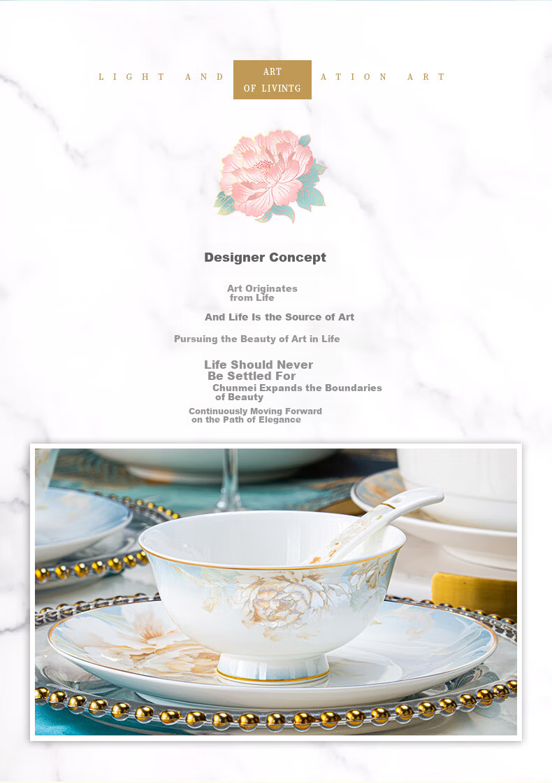 Mingyi 70-Piece 12-Person Porcelain Dinnerware Set Inclined Love Ceramic Bowls and Plates Home Dining Tableware Chopsticks and Plates Full Set Housewarming Gift 2