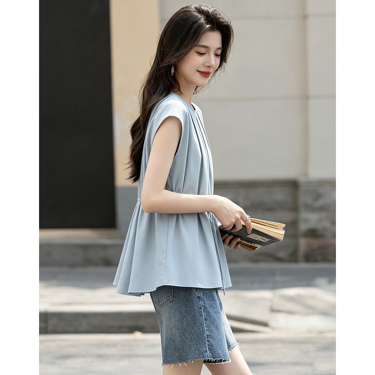 Demana Sun Protection Quick-Dry Sorona Summer Simple Style Pleated Round Neck Cap Sleeve Self-Fabric Belt Shirt for Women Premium Feel