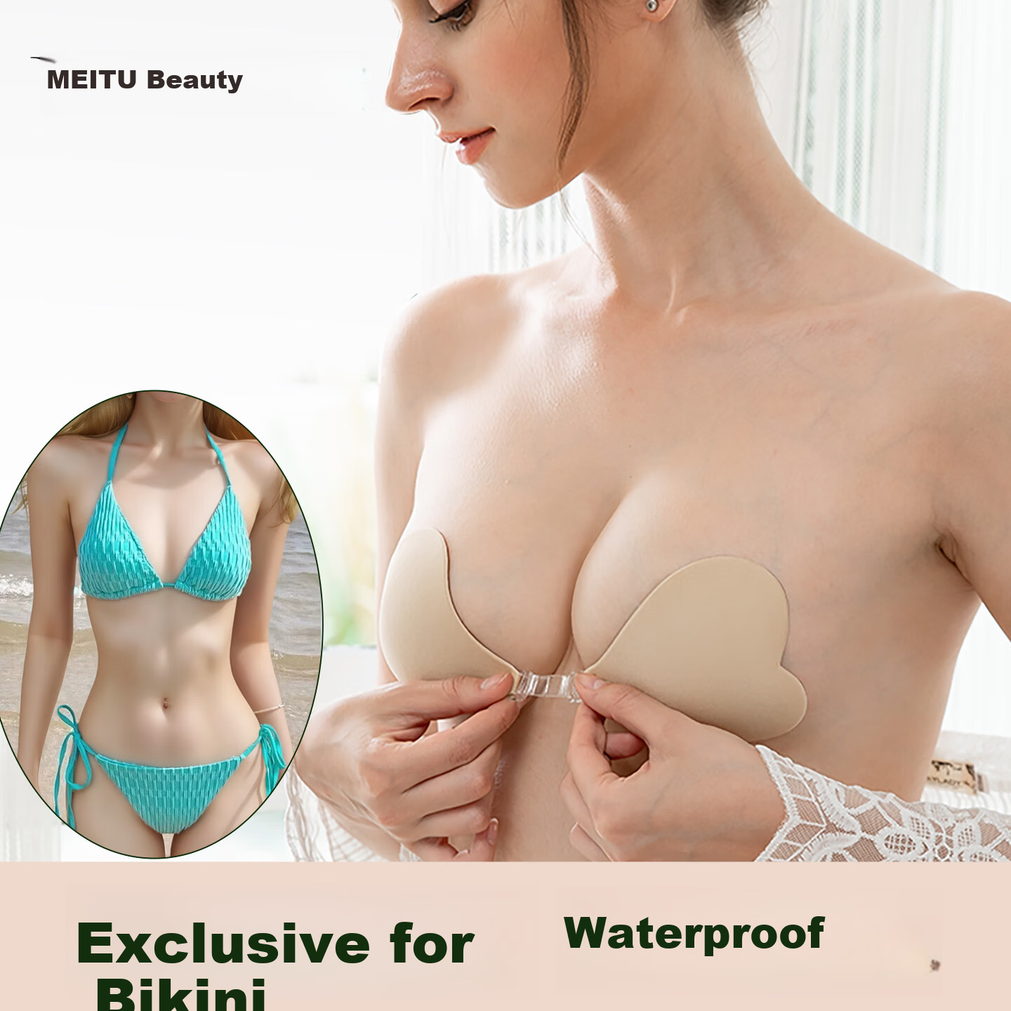 Meitu Bikini Adhesive Bra Push-Up Anti-Show Swimwear Heart-Shaped Invisible Seamless Breast Pads