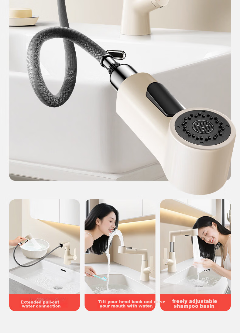 Baihan Aluminum Alloy Bathroom Faucet Pull-Out Hot and Cold Basin Tap 6