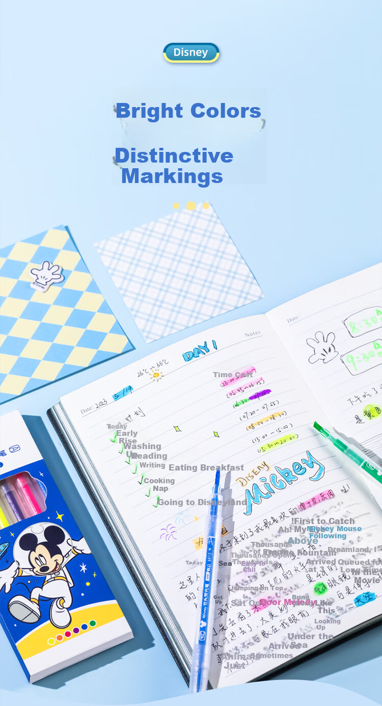 Disney Double-Ended Highlighter Pens 6 Colors Mickey Stationery for Elementary Students Exam Review Colorful Markers 3