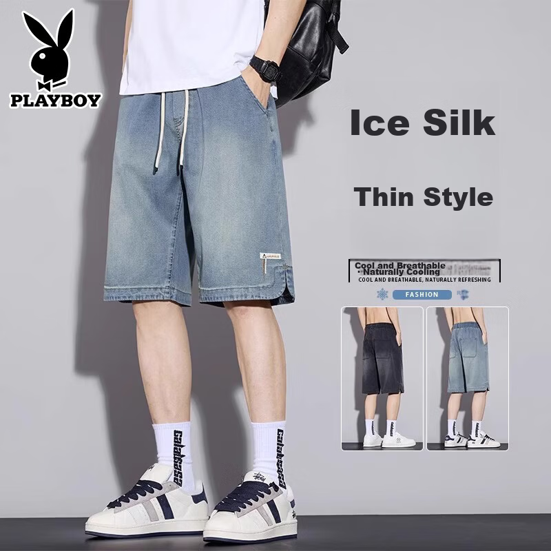 PLAYBOY Tencel Denim Shorts Men's Summer Thin Loose Straight Youth Ice Silk Knee-Length Pants 2026 New Model