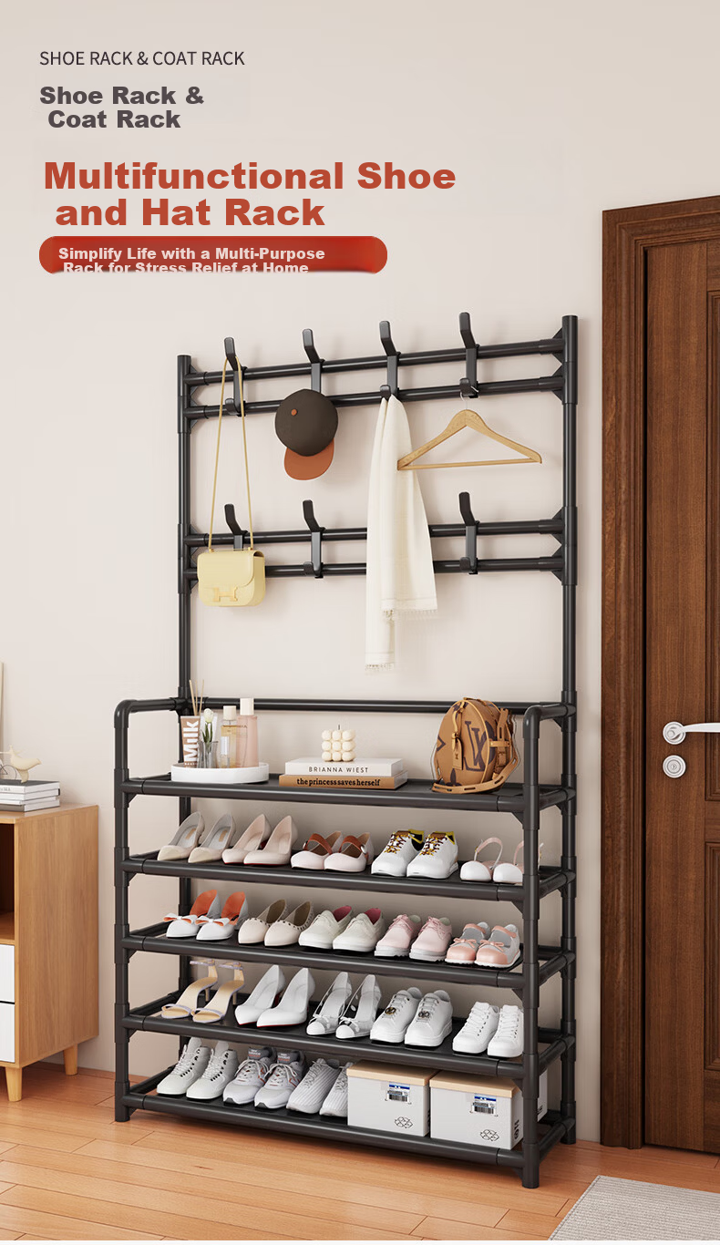 Yimo Multi-Layer Shoe Rack Home Entryway Simple Shoe and Hat Cabinet Dormitory Storage Shelf 5-Tier 80cm Side Cloth 1