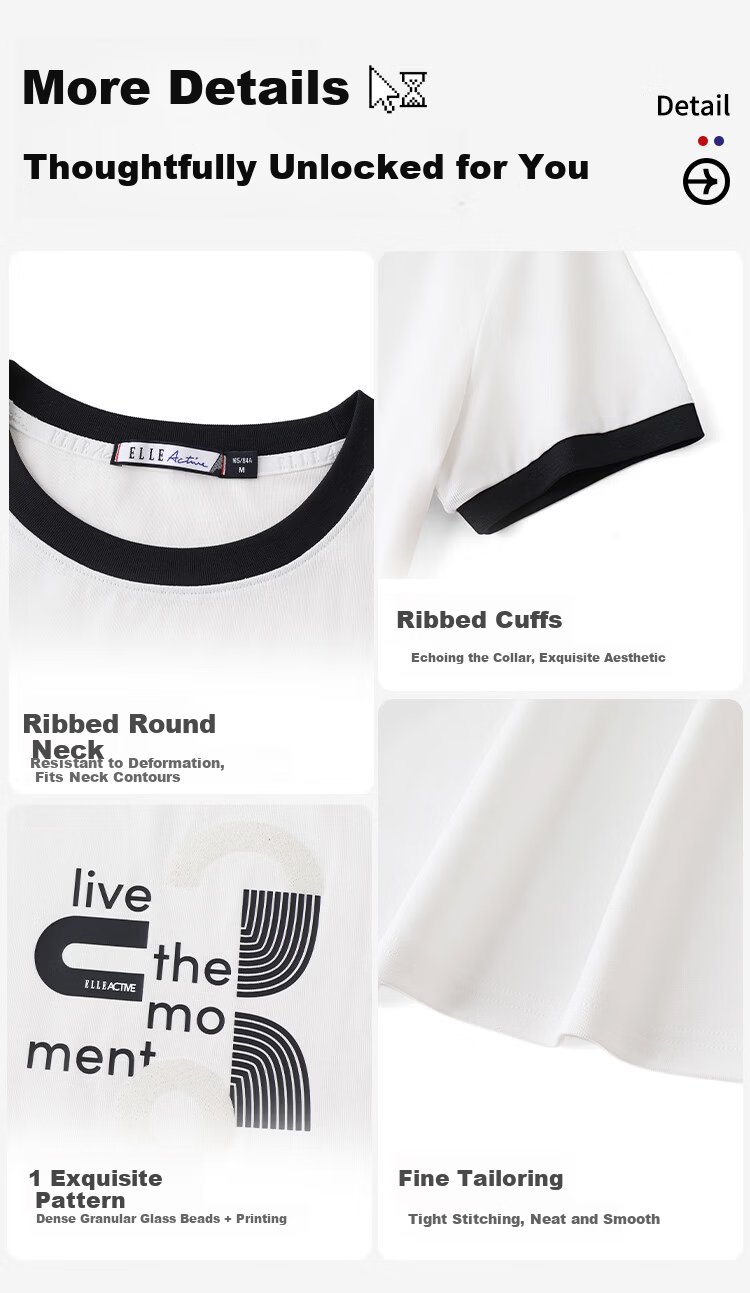 ELLE ACTIVE Versatile Letter Print Short Sleeve T-Shirt Women 2026 Summer Vibrant Colorblock Casual Sports Top White S 6
