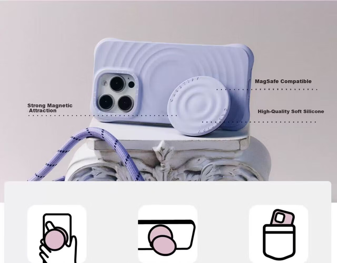 CASETIFY Solid Color Wave Phone Stand/Magnetic Stand White/Gravel White/Soft Mist Purple/Honey Purple/Vine Green Magsafe Universal Phone Mist Purple Magnetic Stand 6