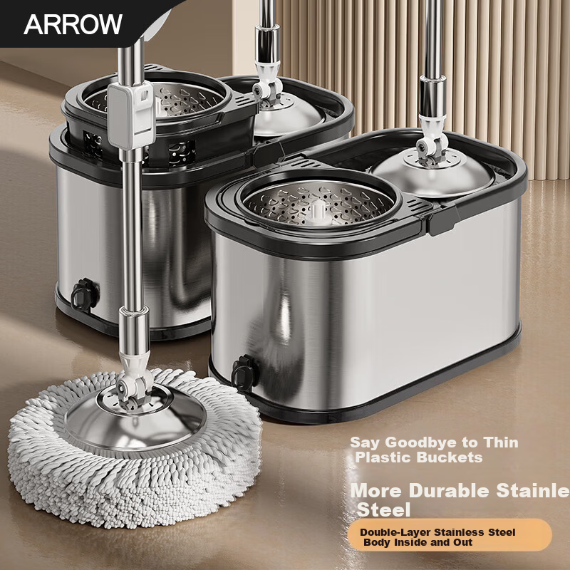 Arrow Stainless Steel Rotating Mop 3-Cloth Household One-Drag Clean Hands-Free Wash Set Detachable Wet and Dry Dual-Use Floor Cleaning Tool