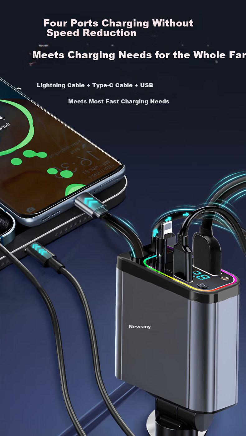 Newsmy Car Charger Retractable 3-in-1 Built-in Cable Super Fast PD Invisible Mini Car Cigarette Lighter Charger Compatible with Apple Huawei Xiaomi K6 Deluxe Edition 8