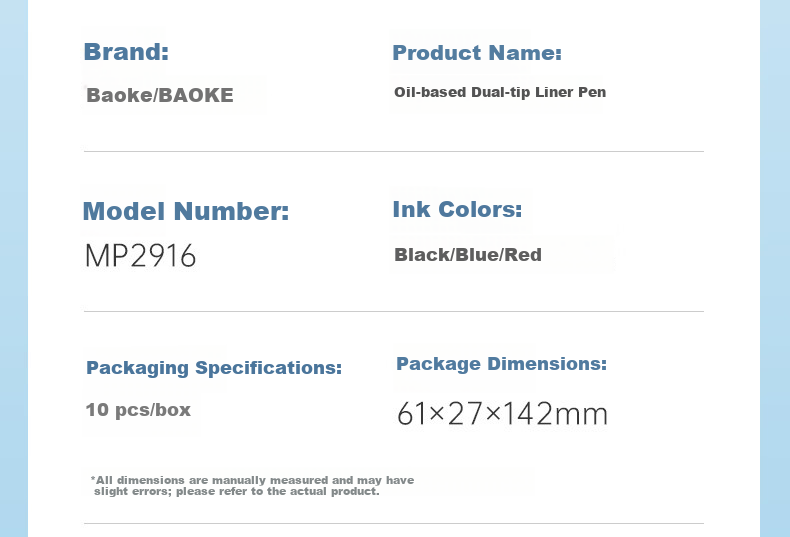 BAOKE MP2916 Oil-Based Double-Ended Fine Line Pen, Waterproof Quick-Drying Smooth Writing Marker, Art-Specific Outlining Pen, Signing Pen, Drawing Pen, Blue, 10 Pens/Box 11