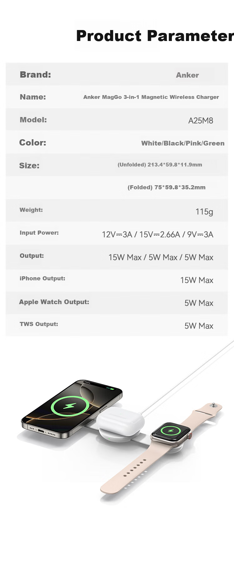 ANKER Anker UFO Wireless Charger 3-in-1 Foldable for iPhone 17 Pro Max Apple Watch AirPods White 19
