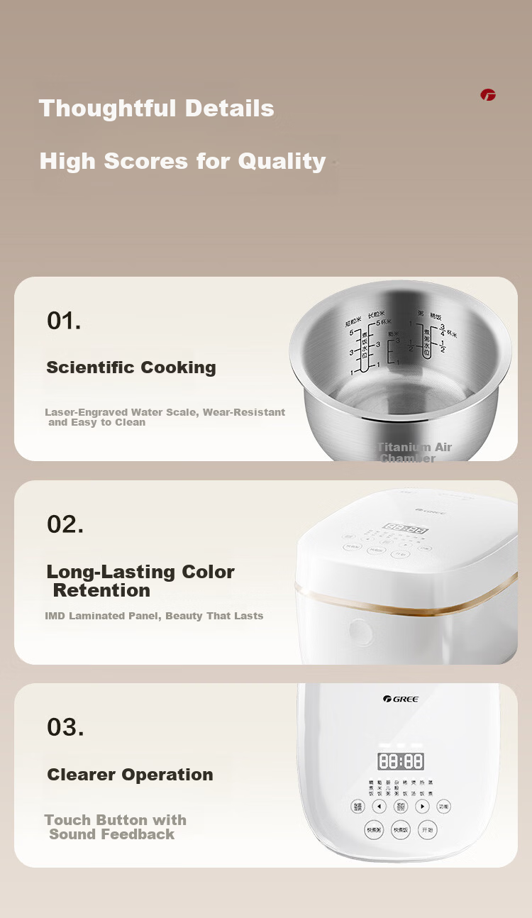 Gree Price Protection 618 Rice Cooker 0 Coating Titanium Inner Pot 316 Stainless Steel 2-4 Person 3L IH Heating Non-Coating Multifunctional Rice Cooker Baby Porridge 3027C 16