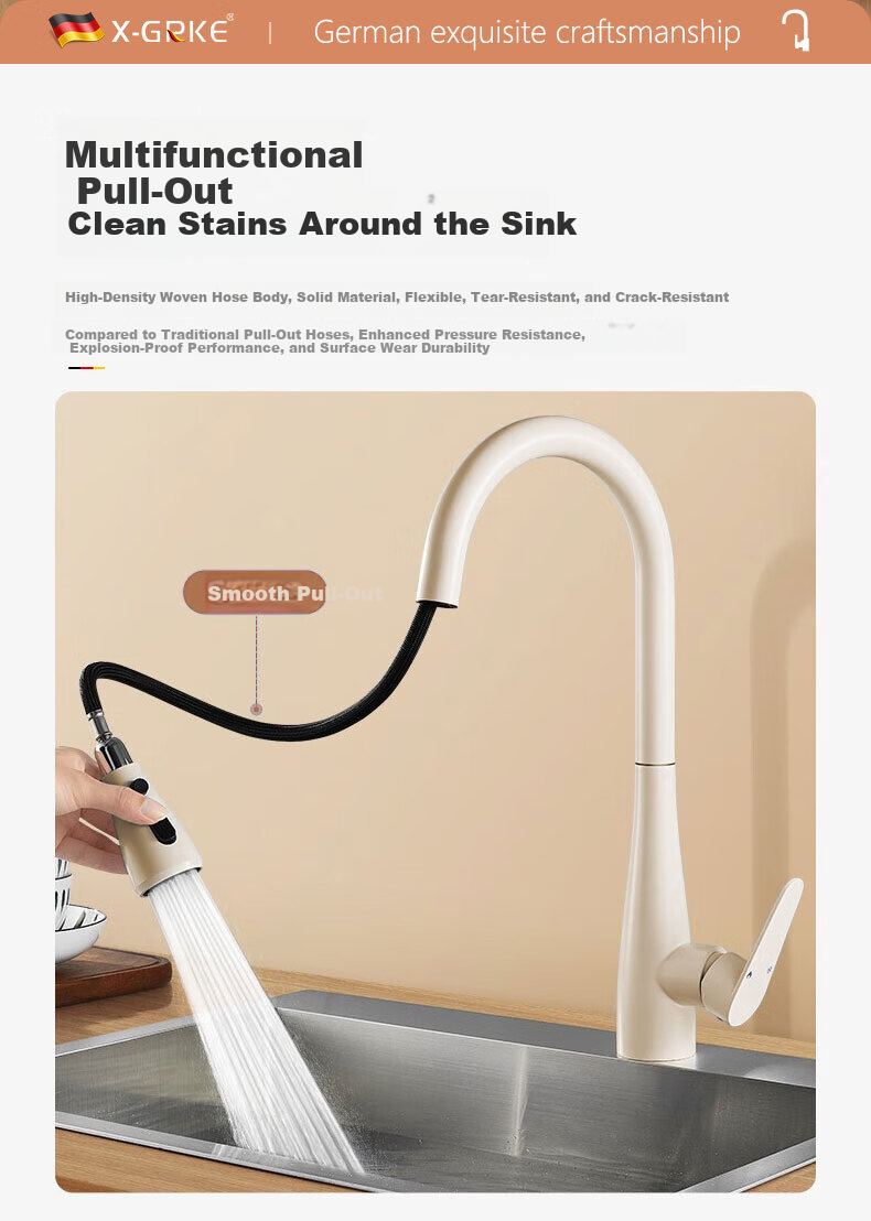 X-GRKE German Kitchen Faucet Hot and Cold Two-in-One Sink Faucet Three-Mode Pull-Out Kitchen Faucet 6