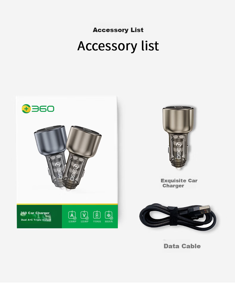 360 Car Charger Data Cable Set 2A1C 100W+30W Dual Super Fast Charging K10 Cigarette Lighter Charger Head One-to-Three Adapter Compatible with Apple Xiaomi Huawei 7