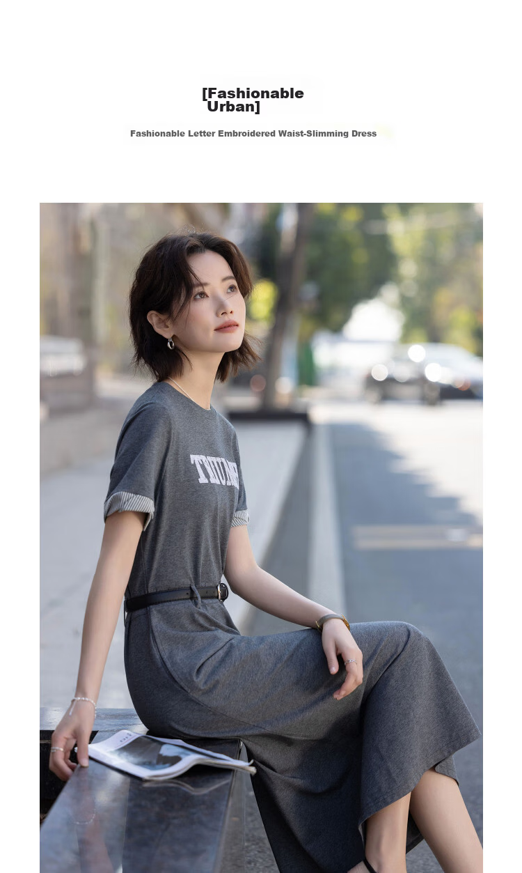 Demana [Cloud Oxygen Cotton Series] Summer Fashion Letter Embroidered PU Belt Waist Slim Fit Dress for Women Premium Feel 5