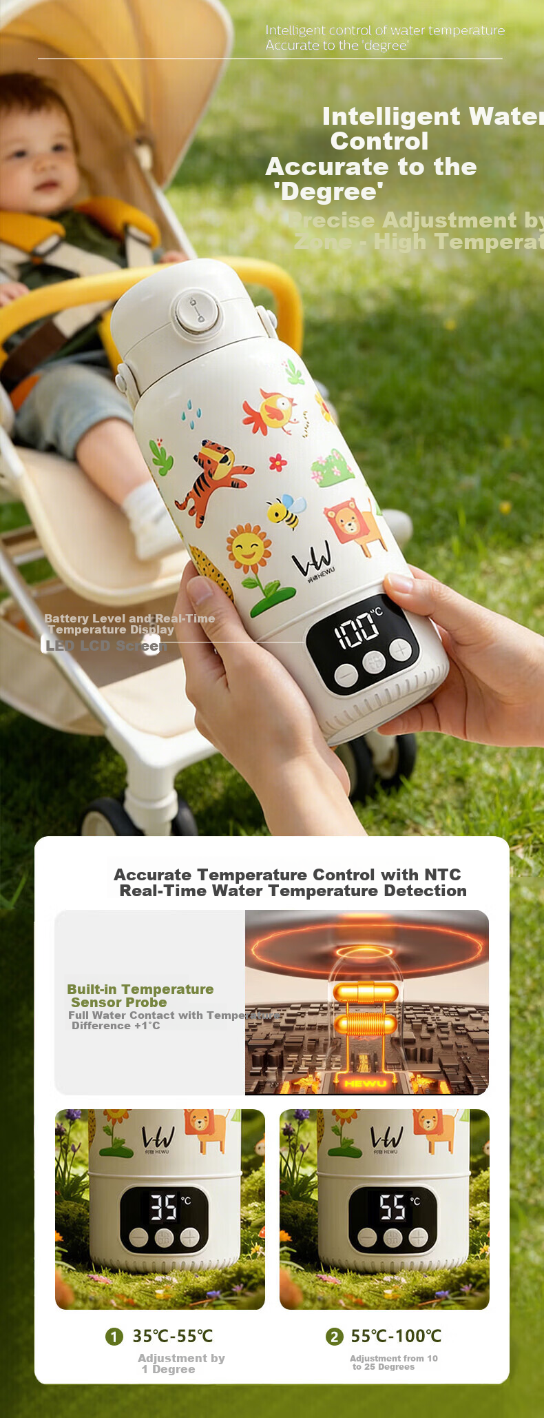 HeWu Portable Thermostatic Kettle Thermos Baby Travel Milk Frother Wireless Electric Boiling Water Cup Three Modes 11