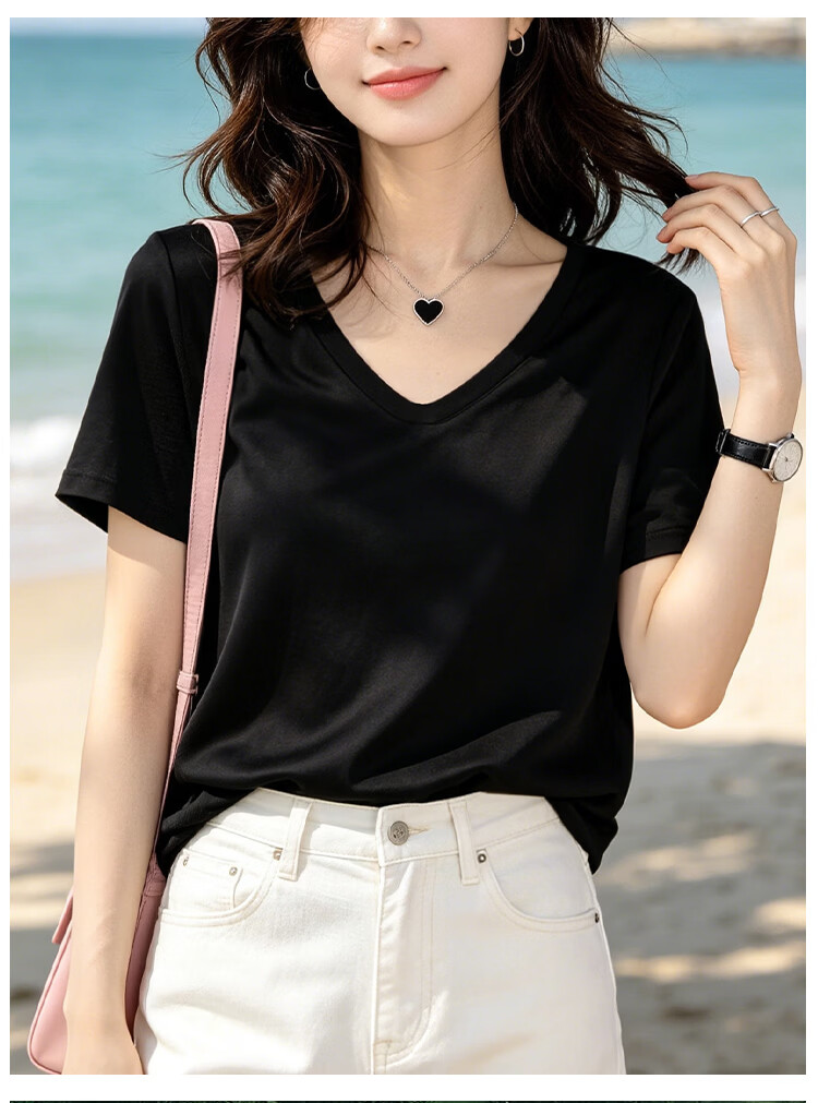 Miiow Women's Short Sleeve T-Shirt New Summer American Style Casual Loose Slim Tencel Lyocell V-Neck Top 2