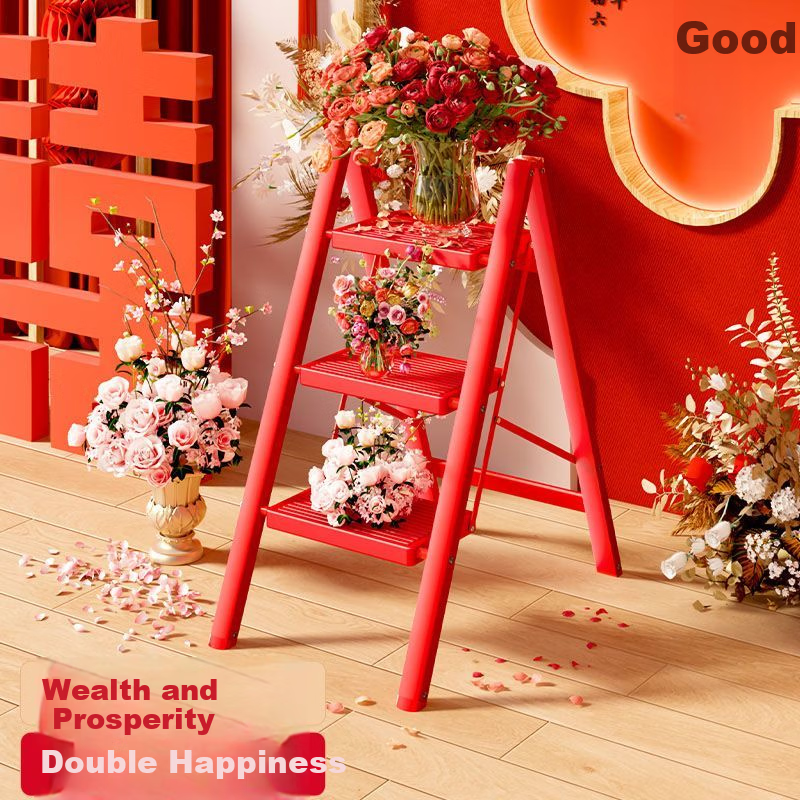 Hakkai Bird Household Folding Three-Step Ladder Thickened Telescopic Red Step Ladder for Housewarming