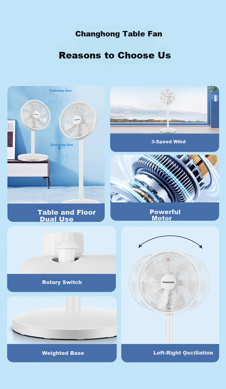 CHANGHONG Home Electric Fan Seven-Blade Quiet Standing Floor Fan Desktop Small Fan High Airflow Energy-Saving Oscillating Dormitory Low Noise Dual-Use Table and Floor Fan FS-LJ301 2