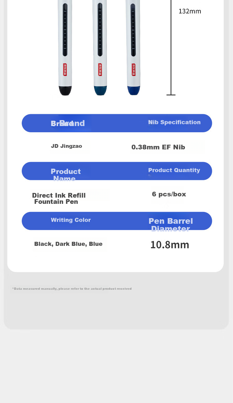 JD Jingzao Direct Liquid Cartridge-Free Fountain Pen EF Nib 0.38mm Blue 6-Pack for 3rd-6th Grade Elementary Students Calligraphy Practice 14