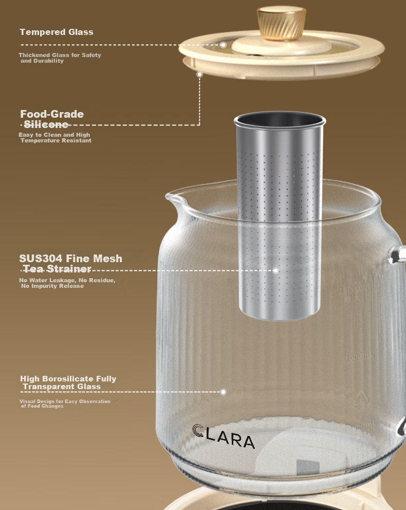CLARA 1.5L All-Glass Health Pot Temperature Control Kettle Large Capacity Multifunctional Tea Maker Electric Kettle No Glue No Seam Titanium Tea Strainer Model 22