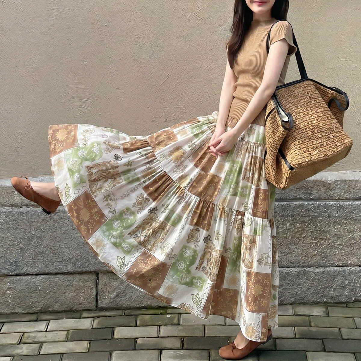 Demana Tropical Forest Summer Layered Texture Elastic Waist Printed A-Line Slimming Loose Skirt for Women Premium