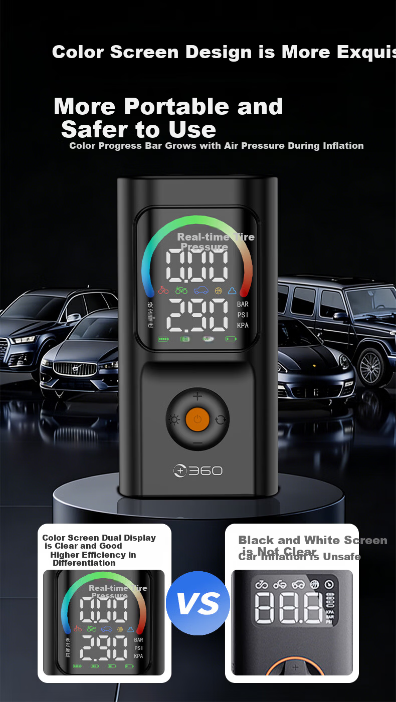 360 Car Inflator HQ30 Color Screen Wireless Portable Electric Air Pump for Car and Bicycle Tire Pressure Measurement 4