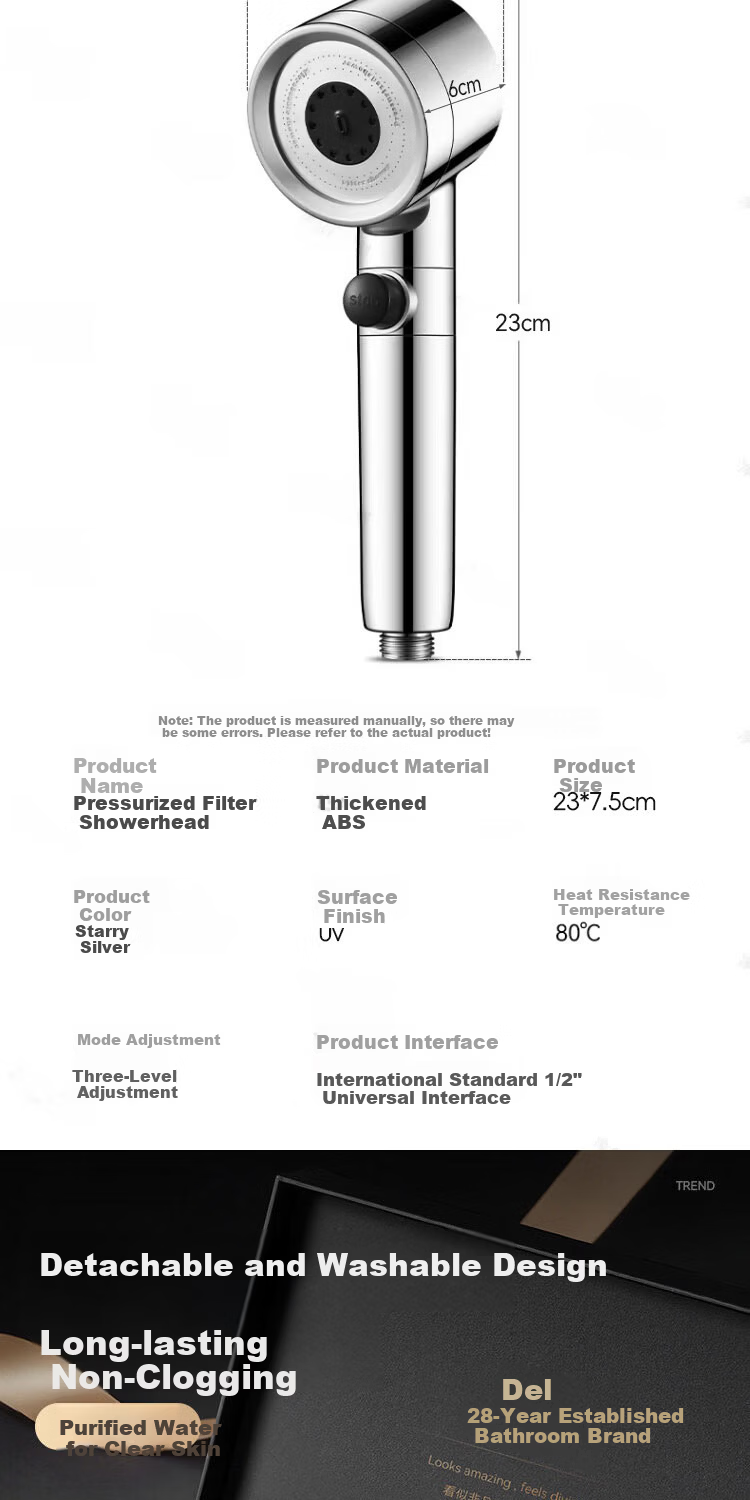 Del 28-Year Brand Pressurized Shower Head Bathroom Handheld Filtered Showerhead Set DP-01 12