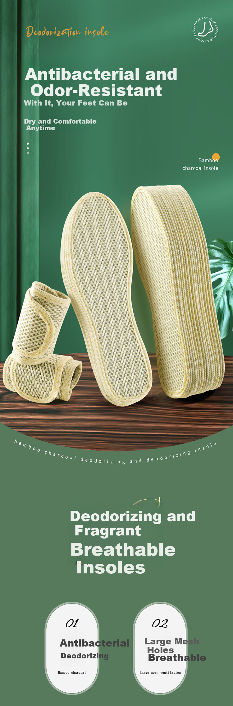 JVBV 5 Pairs Bamboo Charcoal Deodorizing Insoles for Men, Sweat-Absorbing, Odor-Resistant, Breathable, Comfortable Leather Shoe Insoles, Size 45 1