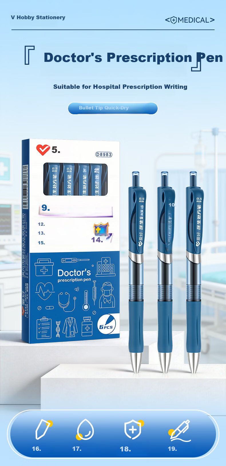 AIHAO Medical Prescription Retractable Gel Pen 0.5mm Bullet Tip Quick-Dry Nurse Doctor Signature Pen Blue Ink 6-Pack D8983 1