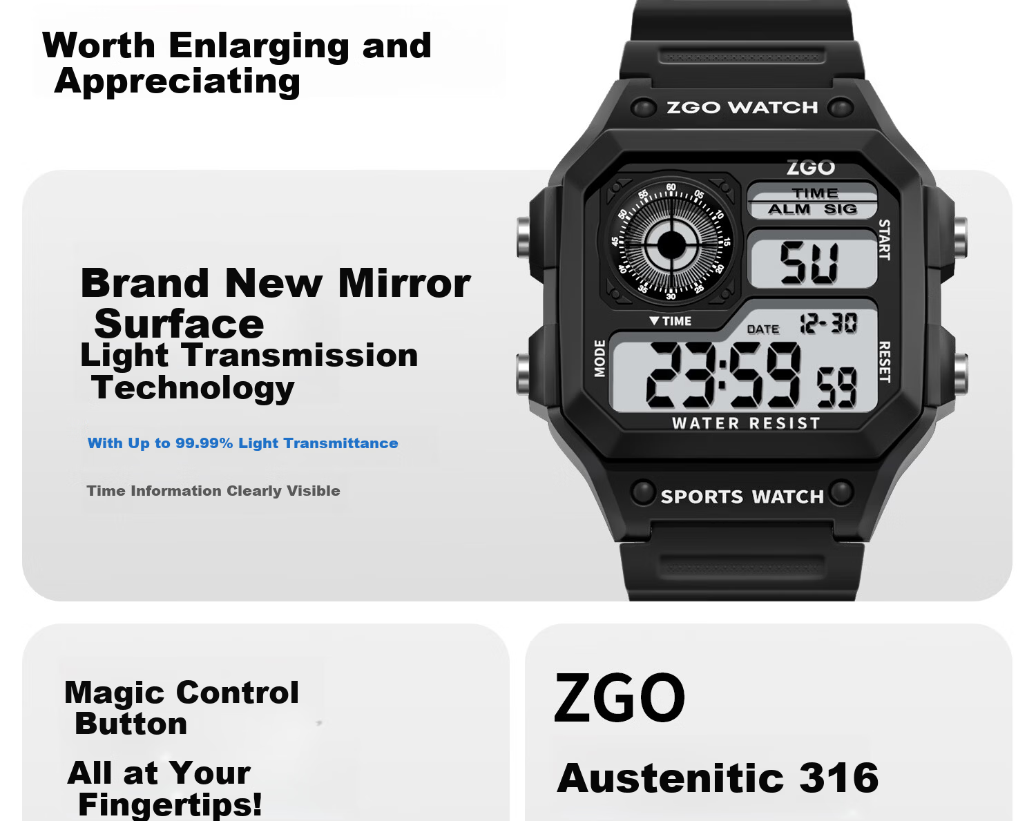 ZGO Men's Vintage Style Digital Watch Student Waterproof Small Square Sports Electronic Watch for High School and Middle School Students 25