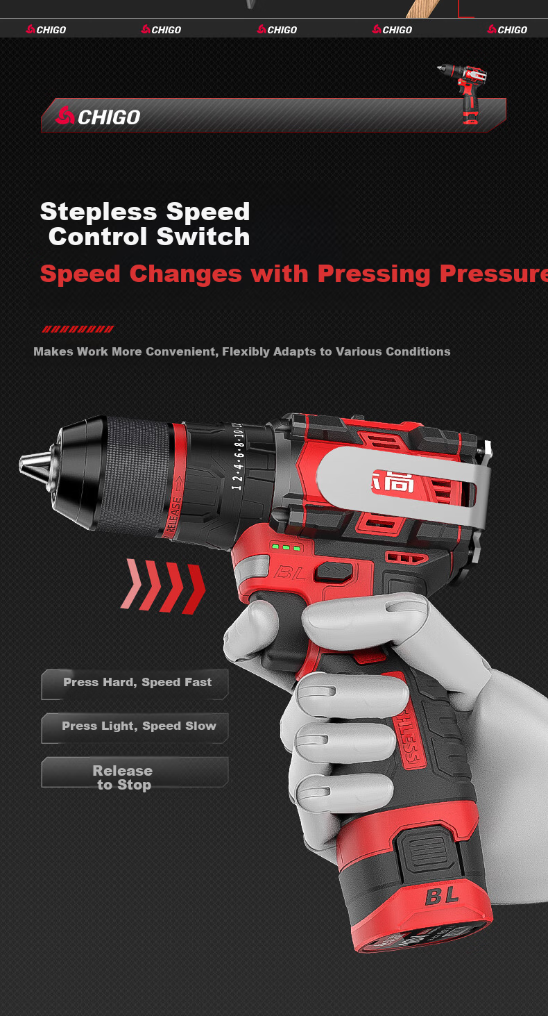 CHIGO 18V Brushless Hammer Drill Compact Cordless Electric Screwdriver Multi-Function Impact Drill 16