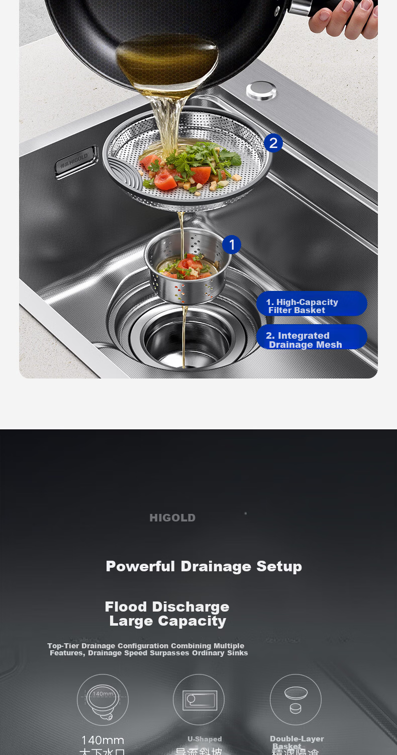 HIGOLD Kitchen Sink Stepped 304 Stainless Steel Left Drain Large Single Bowl 770*440mm Undermount Sink 4