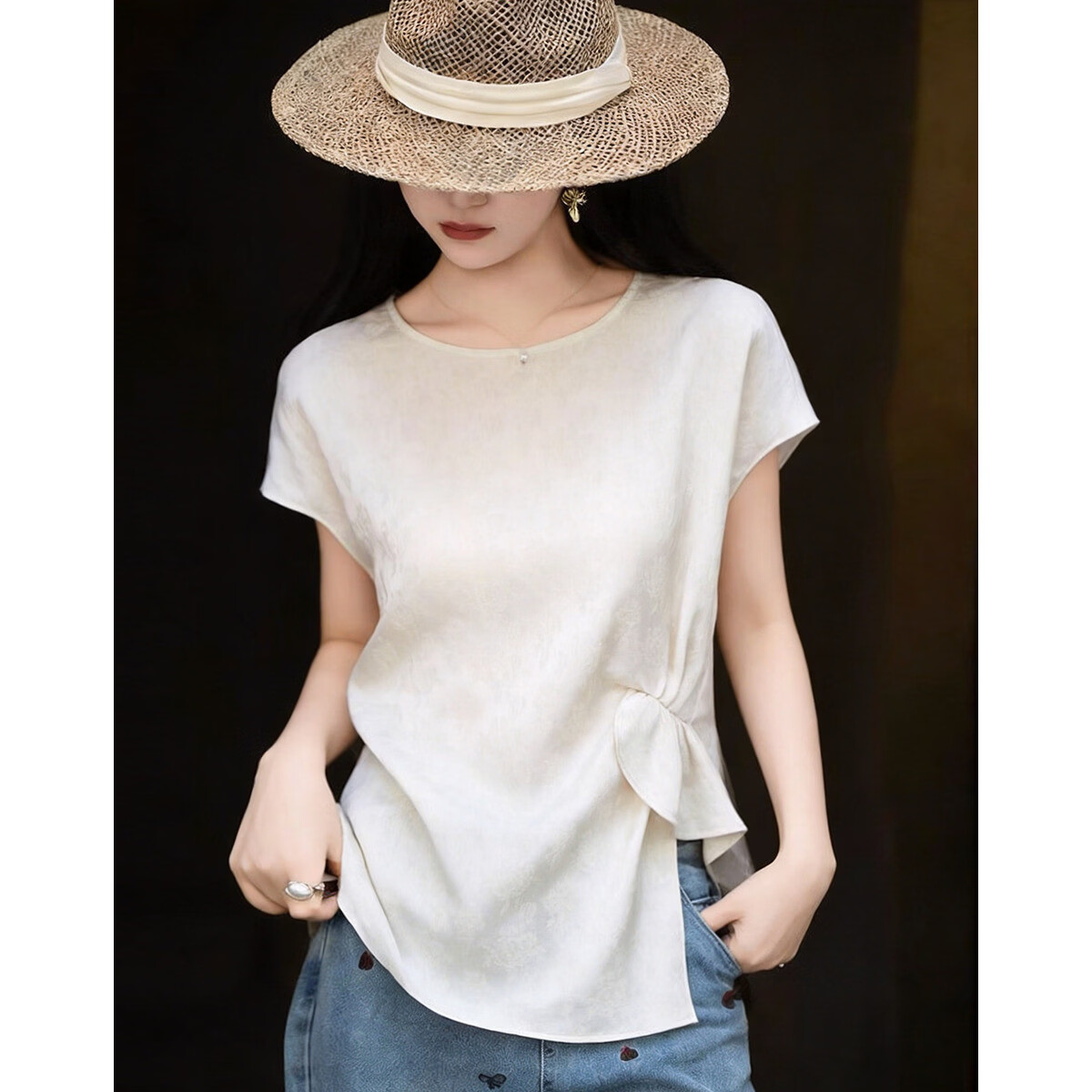 Demana "Cool Elegance" Summer Chinese Style New Satin Jacquard Sleeve Pleated Loose Slim Shirt for Women Premium