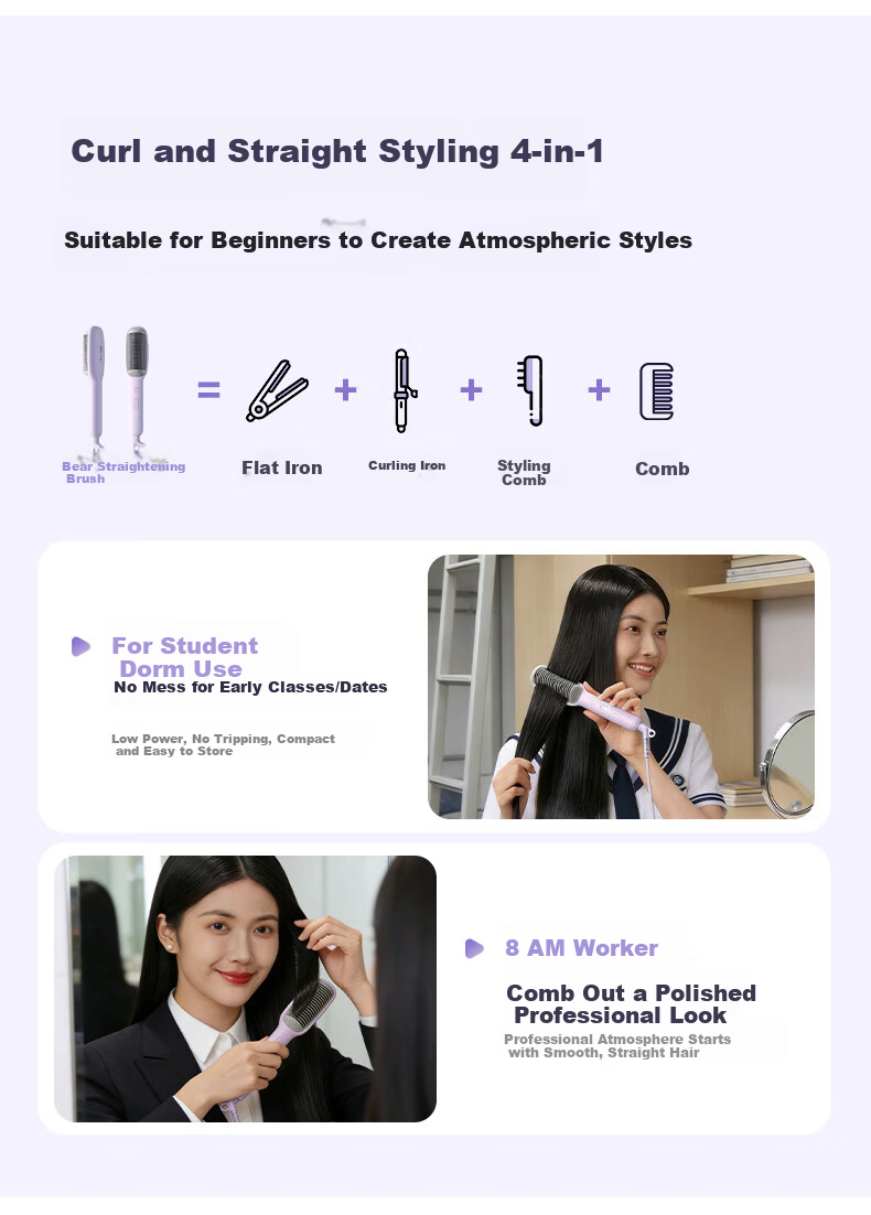 Bear Flat Iron Hair Straightener Negative Ion Hair Care Cold Air Styling Dual-Use Straight and Curl Hair Curler Bangs Clip Compact Portable Birthday Gift for Women Wife 3