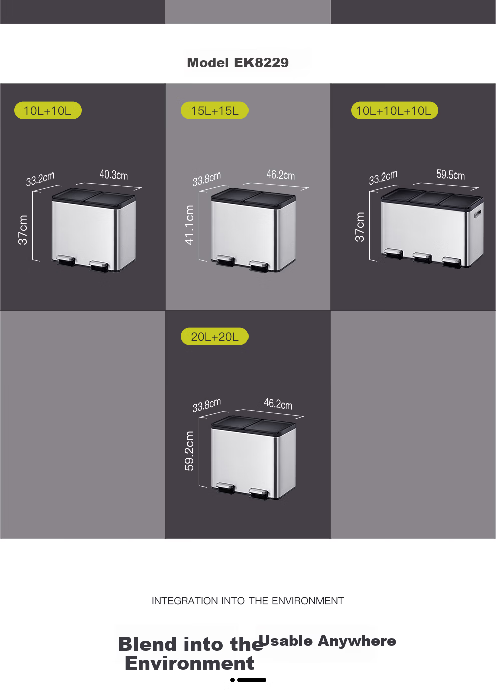 EKO 15L+15L Pedal Trash Bin Stainless Steel Commercial Large Covered Waste Bin for Office Hotel Bathroom Kitchen EK9129 15