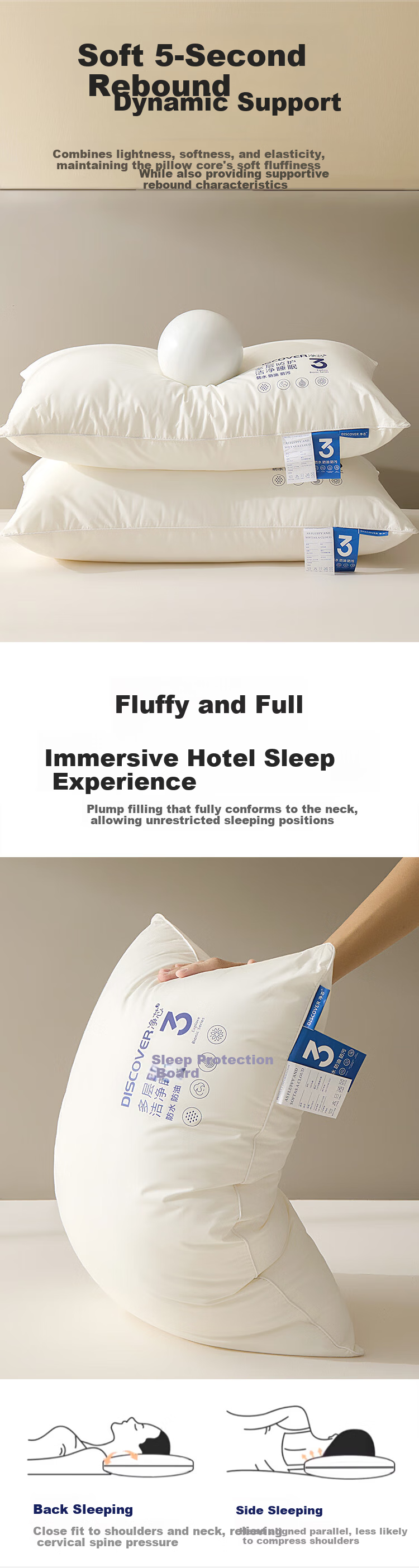 Mengshina Pillow Core Comfortable Feather Silk Fiber Pillow Hotel Fiber Pillow Washable 48*74cm Pure Cotton Three-Proof Pillow 5
