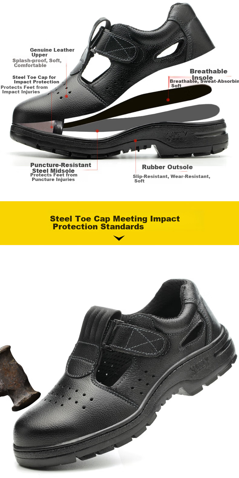 BAIGE Men's Safety Shoes Summer Breathable Anti-Smash Anti-Puncture Leather Steel Toe Work Shoes Black Size 42 1