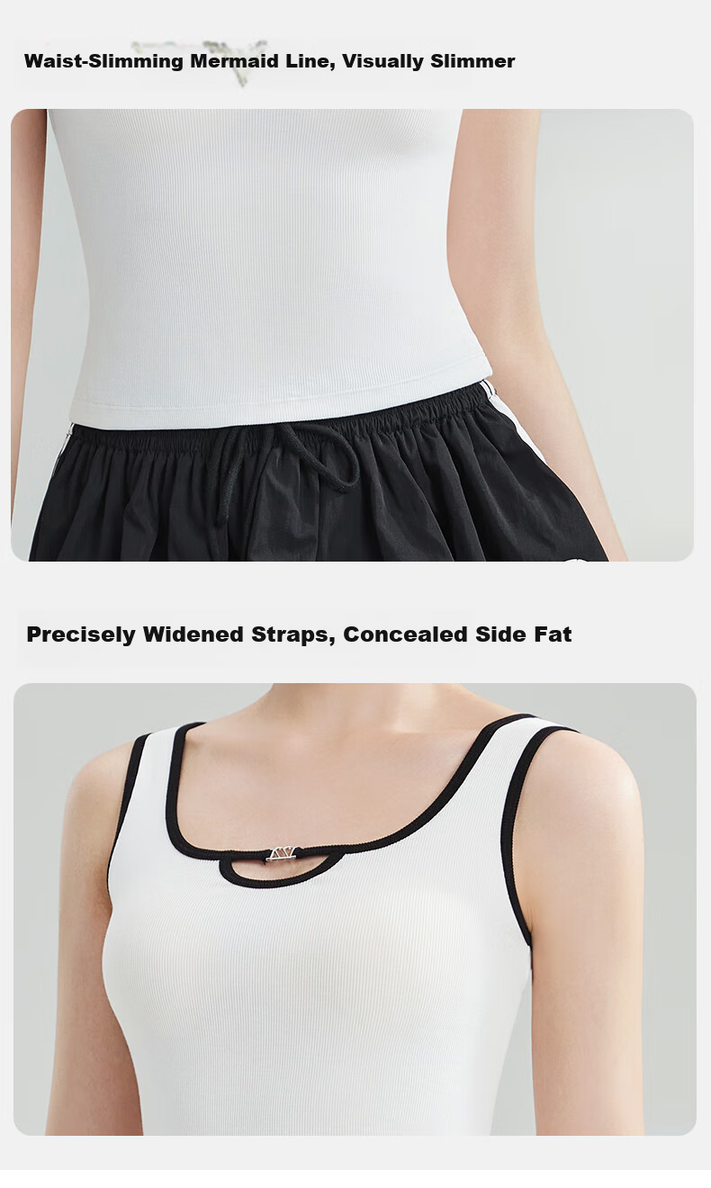 MiiOW Women's Camisole Vest [Side Coverage Anti-Exposure] Autumn Black and White Color Block Hollow Design Outerwear Base Shirt 18